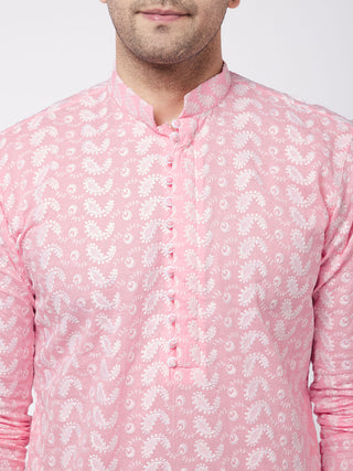 VASTRAMAY Men's Pink Pure Cotton Chikankari Kurta With Pant set