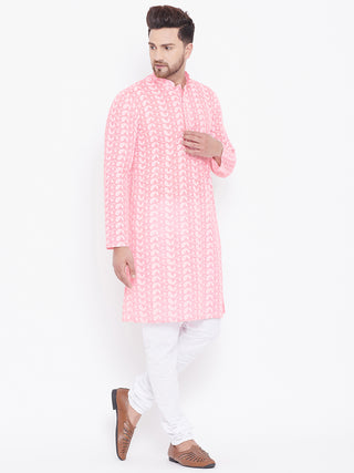 VASTRAMAY Men's Pink Pure Cotton Chikankari Kurta Pyjama Set