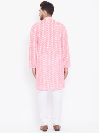 VASTRAMAY Men's Pink Pure Cotton Chikankari Kurta Pyjama Set