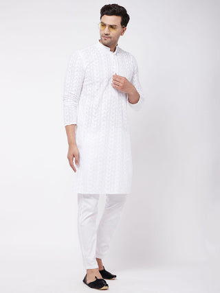 VASTRAMAY Men's White Pure Cotton Chikankari Kurta With Pant Set