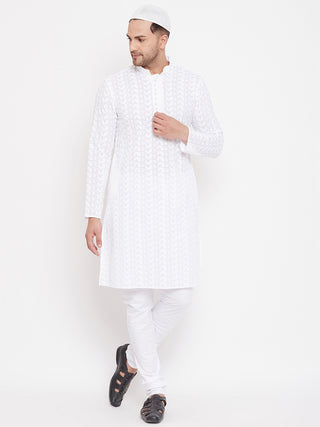 VASTRAMAY Men's White Pure Cotton Chikankari Kurta Pant With Prayer Cap