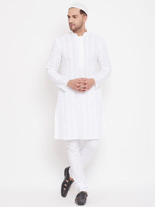 VASTRAMAY Men's White Pure Cotton Chikankari Kurta Pant With Prayer Cap