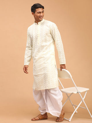 VASTRAMAY Men's Yellow Pure Cotton Chikankari Kurta With Dhoti set