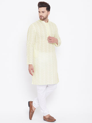 VASTRAMAY Men's Yellow Pure Cotton Chikankari Kurta Pyjama Set