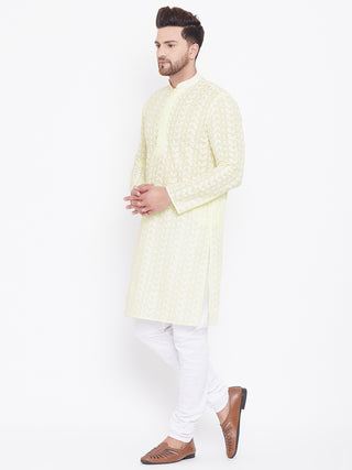 VASTRAMAY Yellow Pure Cotton Chikankari Kurta Pyjama Set