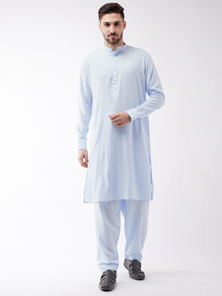 VM BY VASTRAMAY Men's Blue Cotton Blend Kurta and Pyjama Set