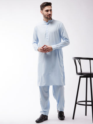 VM BY VASTRAMAY Men's Blue Cotton Blend Kurta and Pyjama Set