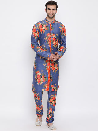 VASTRAMAY Blue Floral Printed Kurta Pyjama Set With Leharia Border