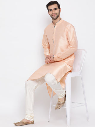 VASTRAMAY Men's Peach Silk Kurta Pyjama Set