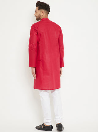 VM BY VASTRAMAY Men's Red And White Cotton Kurta Churidar Set