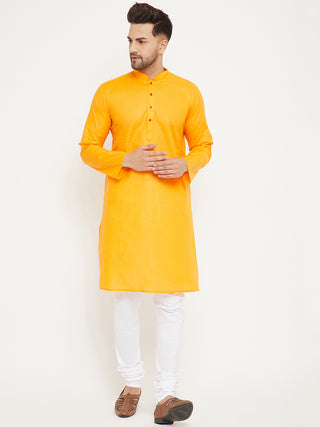 VM BY VASTRAMAY Men's Orange And White Cotton Kurta Churidar Set