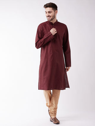 VASTRAMAY Men's Maroon And Rose Gold Cotton Blend Kurta Pyjama Set
