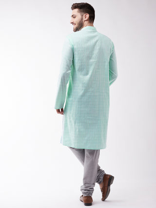 VASTRAMAY Men's Aqua Blue And Grey Cotton Blend Kurta Pyjama Set