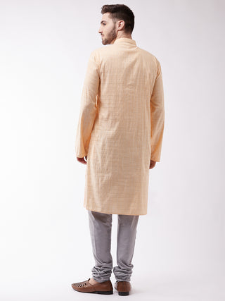 VASTRAMAY Men's Peach And Grey Cotton Blend Kurta Pyjama Set