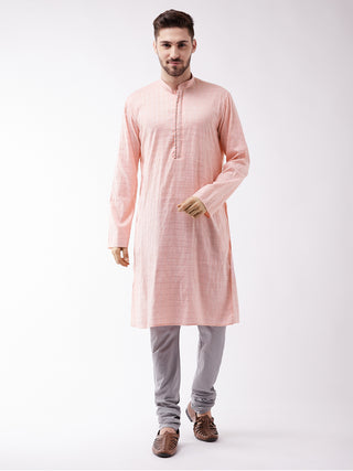 VASTRAMAY Men's Pink And Grey Cotton Blend Kurta Pyjama Set