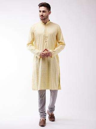 VASTRAMAY Men's Yellow And Grey Cotton Blend Kurta Pyjama Set