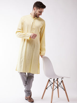VASTRAMAY Men's Yellow And Grey Cotton Blend Kurta Pyjama Set