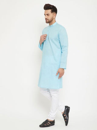 VM BY Vastramay Men's Aqua And White Cotton Blend Kurta Pyjama Set