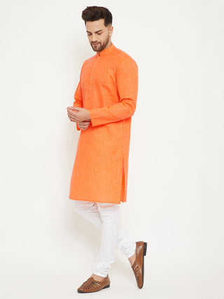 VM BY Vastramay Men's Orange And White Cotton Blend Kurta Pyjama Set