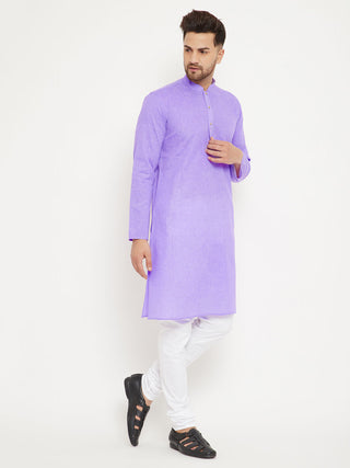 VM BY Vastramay Men's Purple And White Cotton Blend Kurta Pyjama Set