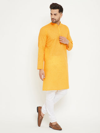 VM BY VASTRAMAY Men's Yellow And White Cotton Blend Kurta Pyjama Set