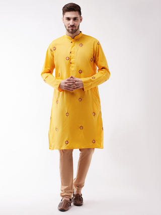 VASTRAMAY Men's Yellow And Rose Gold Cotton Blend Kurta And Pyjama Set