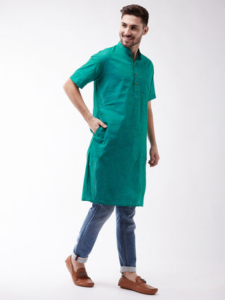 VM BY VASTRAMAY Men's Solid Turquoise Pure Cotton Kurta