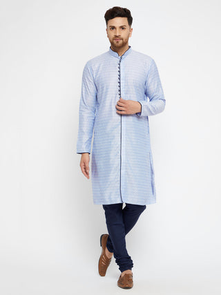 VASTRAMAY Men's Lavender And Navy Blue Silk Blend Kurta Pyjama Set