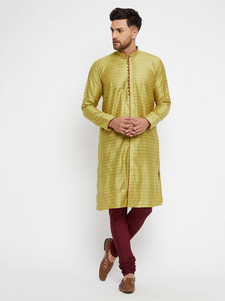 VASTRAMAY Men's Mustard And Maroon Silk Blend Kurta Pyjama Set