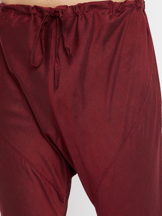VASTRAMAY Men's Mustard And Maroon Silk Blend Kurta Pyjama Set