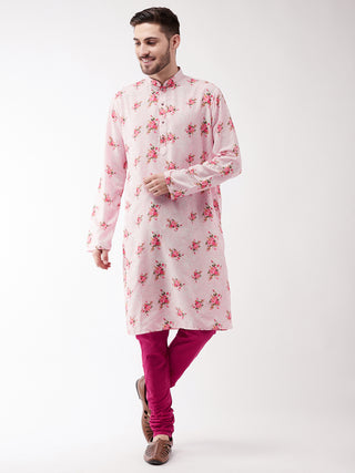 VASTRAMAY Men's Multicolor-Base-Pink Muslin Blend Kurta Pyjama Set