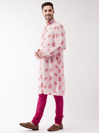 VASTRAMAY Men's Multicolor-Base-Pink Muslin Blend Kurta Pyjama Set