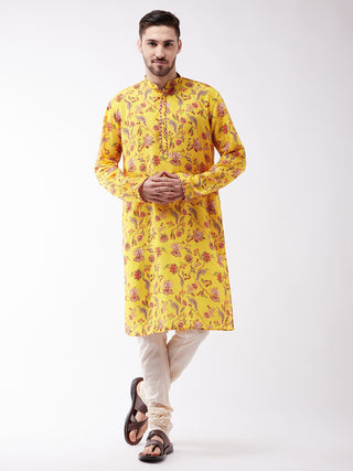 VASTRAMAY Men's Floral Printed Multicolor-Base-Yellow Muslin Blend Kurta And Pyjama Set