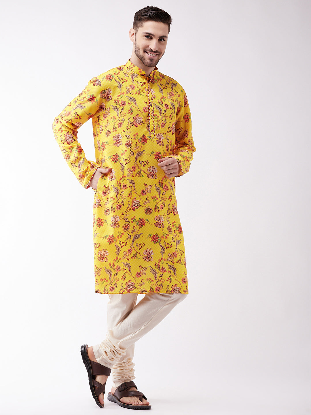 Men's Floral Printed Multicolor-Base-Yellow Muslin Blend Kurta And Pyjama Set