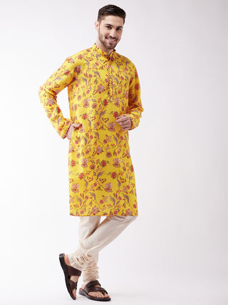 VASTRAMAY Men's Floral Printed Multicolor-Base-Yellow Muslin Blend Kurta And Pyjama Set