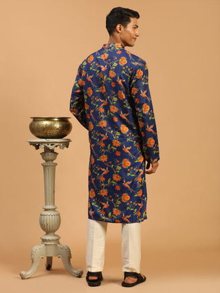 VASTRAMAY Men's Blue Floral Printed Muslin Blend Kurta With Cream Viscose Pant Set