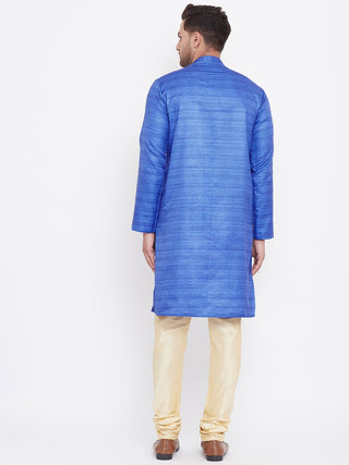 VM BY Vastramay Men's Blue And Gold Silk Blend Kurta Pyjama Set