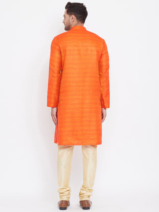 VM BY VASTRAMAY Men's Orange And Gold Silk Blend Kurta Pyjama Set