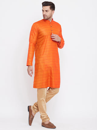 VM BY Vastramay Men's Orange And Rose Gold Silk Blend Kurta Pyjama Set