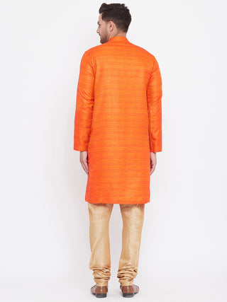 VM BY Vastramay Men's Orange And Rose Gold Silk Blend Kurta Pyjama Set