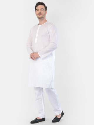 VASTRAMAY Men's White Cotton Addhi Kurta Pyjama Set