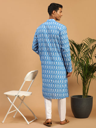 VASTRAMAY Men's Aqua Blue Ikkat Print Cotton Kurta With Pant set