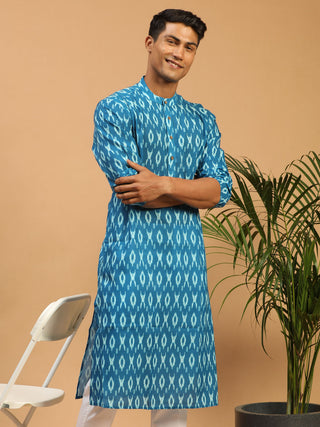 VASTRAMAY Men's Turquoise Ikkat Print Cotton Kurta