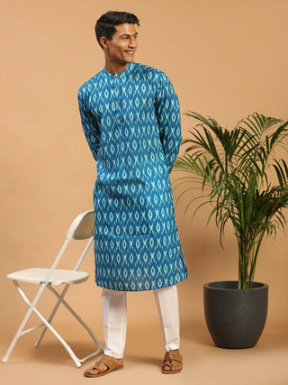 VASTRAMAY Men's Turquoise Blue Ikkat Print Cotton Kurta With Pant set