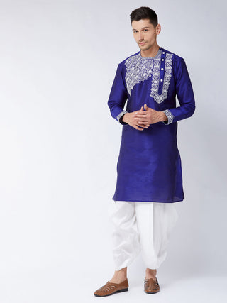 VASTRAMAY Men's Blue And White Silk Blend Kurta and Dhoti Set