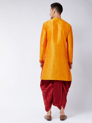 VASTRAMAY Men's Orange And Maroon Silk Blend Kurta and Dhoti Set