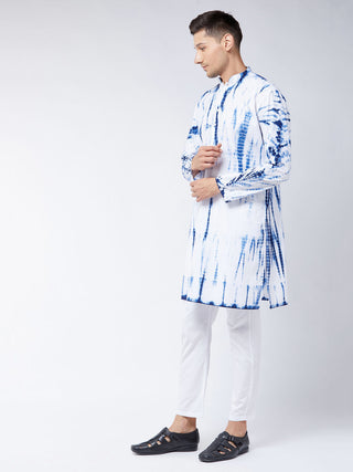 VASTRAMAY Men's Blue And White Cotton Tie Dye Kurta And Solid Pant Style Cotton Pyjama Set