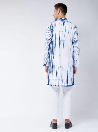 VASTRAMAY Men's Blue And White Cotton Tie Dye Kurta And Solid Pant Style Cotton Pyjama Set
