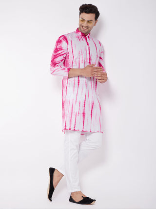 VASTRAMAY Men's Pink And White Cotton Tie Dye Kurta And Solid Pant Style Cotton Pyjama Set