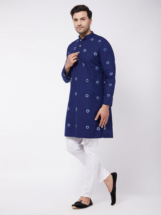 VASTRAMAY Men's Blue And White Cotton Kurta And Pant Style Cotton Pyjama Set